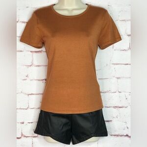 JONES NY PETITE MEDIUM Silk fine ribbed knit caramel brown short sleeve top MP